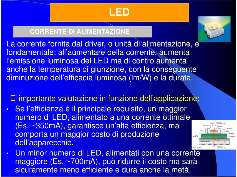 E importante valutazione in funzione dell applicazione: Se l efficienza è il principale requisito, un maggior numero di LED, alimentato a una corrente ottimale (Es.