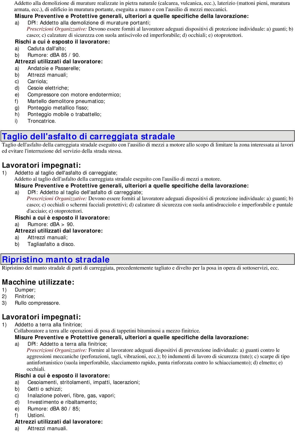 Misure Preventive e Protettive generali, ulteriori a quelle specifiche della lavorazione: a) DPI: Addetto alla demolizione di murature portanti; Prescrizioni Organizzative: Devono essere forniti al