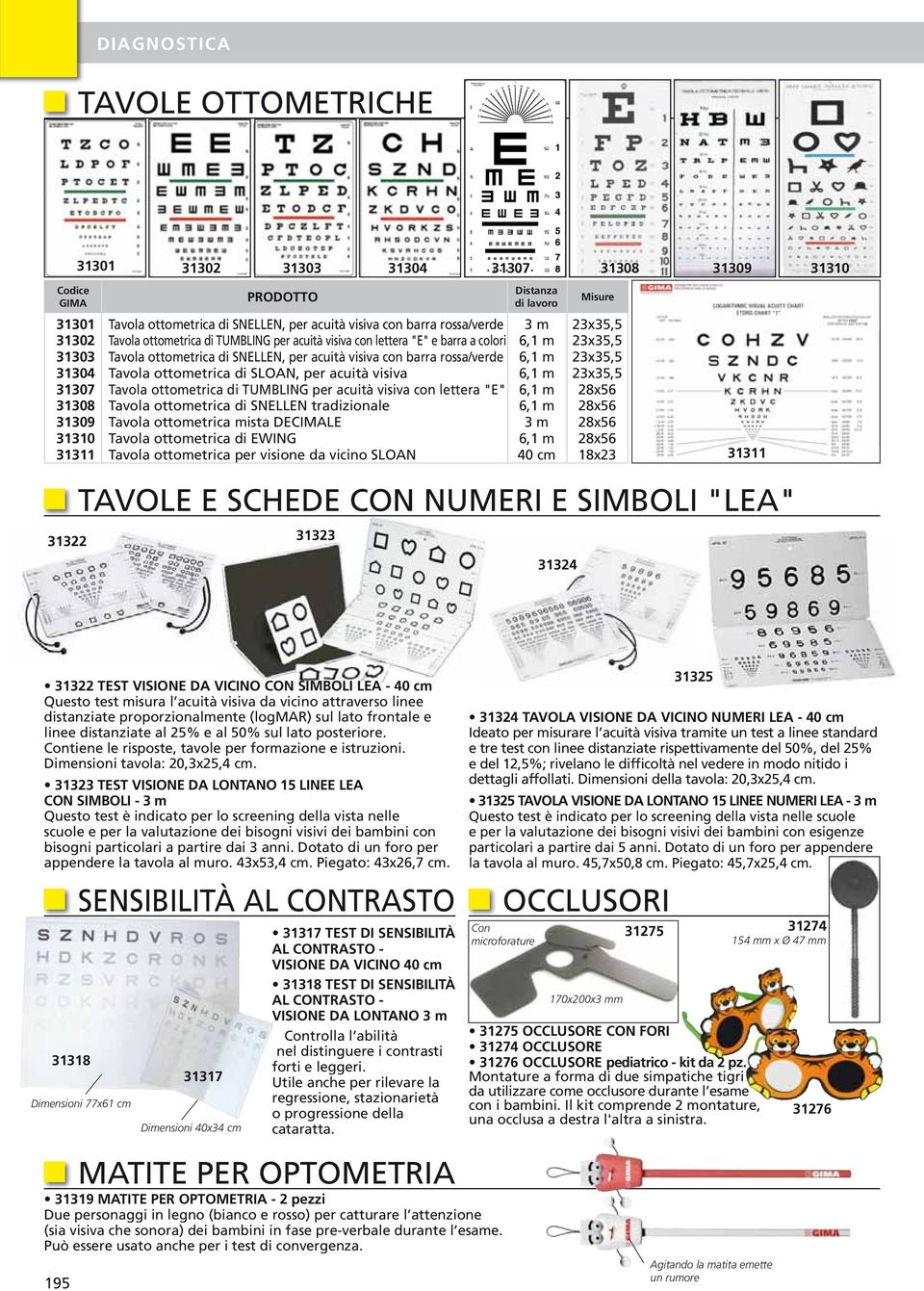 31302 Tavola ottometrica di TUMBLING per acuità visiva con lettera "E" e barra a colori 6,1 m 23x35,5 31303 Tavola ottometrica di SNELLEN, per acuità visiva con barra rossa/verde 6,1 m 23x35,5 31304