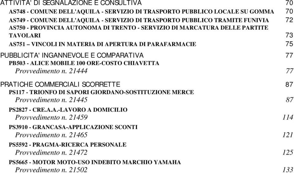 MOBILE 100 ORE-COSTO CHIAVETTA Provvedimento n. 21444 77 PRATICHE COMMERCIALI SCORRETTE 87 PS117 - TRIONFO DI SAPORI GIORDANO-SOSTITUZIONE MERCE Provvedimento n. 21445 87 PS2827 - CRE.A.A.-LAVORO A DOMICILIO Provvedimento n.