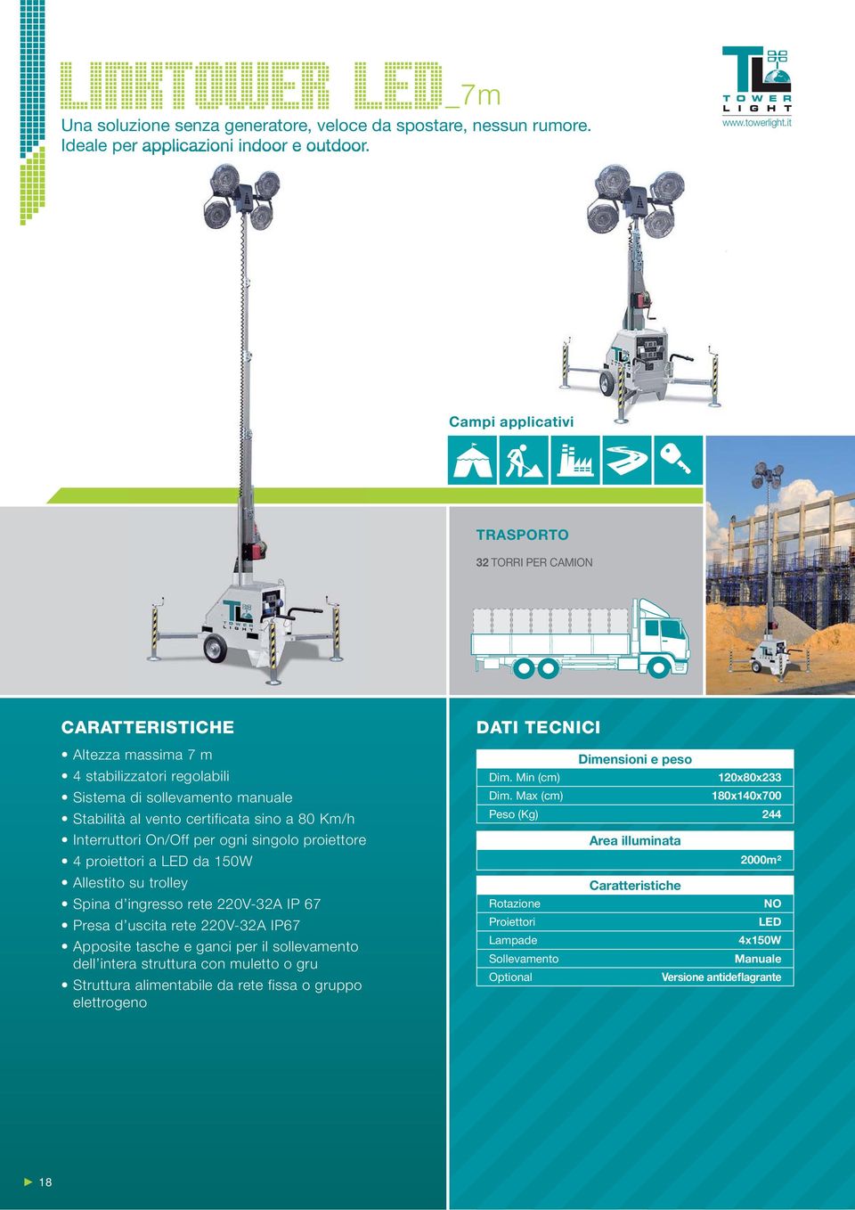 Campi applicativi TRASPORTO 32 TORRI PER CAMION CARATTERISTICHE dell intera struttura con muletto o gru