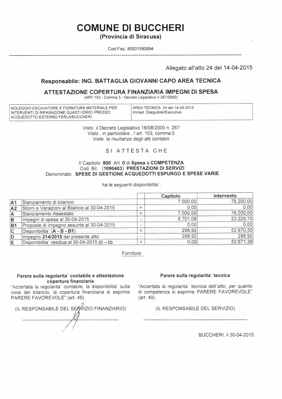 l2oo0) NOLEGGIO ESCAVATORE É FORNITUM MATERIALE PER I AREA TECNICA 24 del 14-04-2015 INTERVENTI Dl RIPARAZIONE GUASTI ldrlcl PRESSO llmrned Eseguibile/Esecutiva ACQUEDOTTO ESTERNO FERLFJBUCCHERI