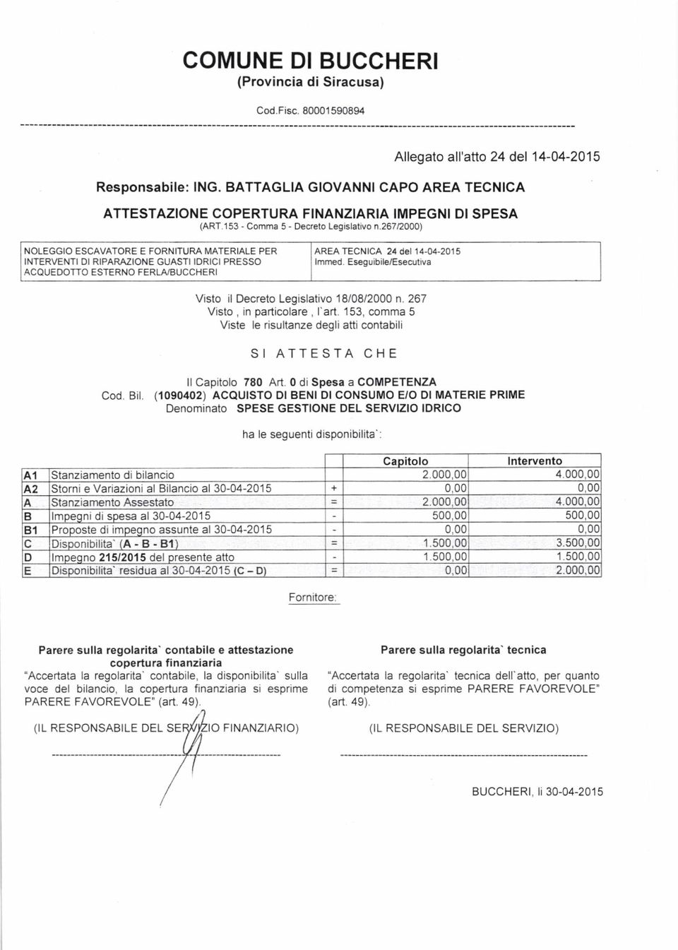 2672000) NOLEGGIO ESCAVATORE E FORNITUM IVIATERIALE PER IAREA TECNICA 24 det 14-04-2015 INTERVENTI Dl RIPARAZIONE GUASTI ldrlcl PRESSO llmmed.