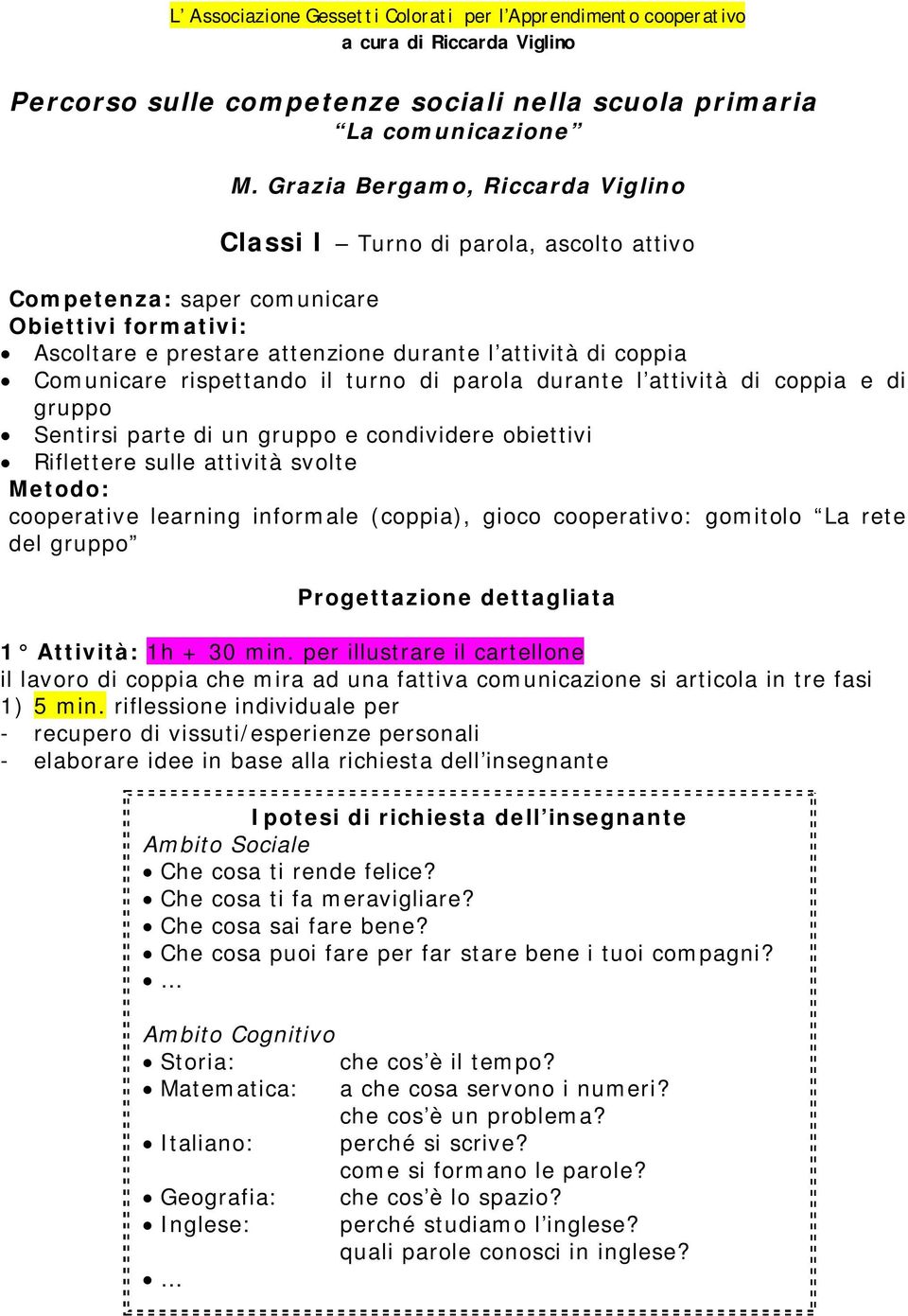 rispettando il turno di parola durante l attività di coppia e di gruppo Sentirsi parte di un gruppo e condividere obiettivi Riflettere sulle attività svolte Metodo: cooperative learning informale