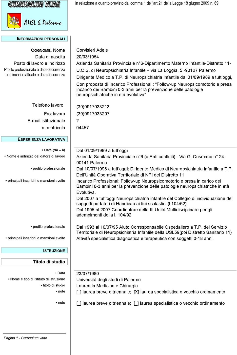 professionale e data decorrenza U.O.S. di Neuropsichiatria Infantile via La Loggia, 5-90127 Pa