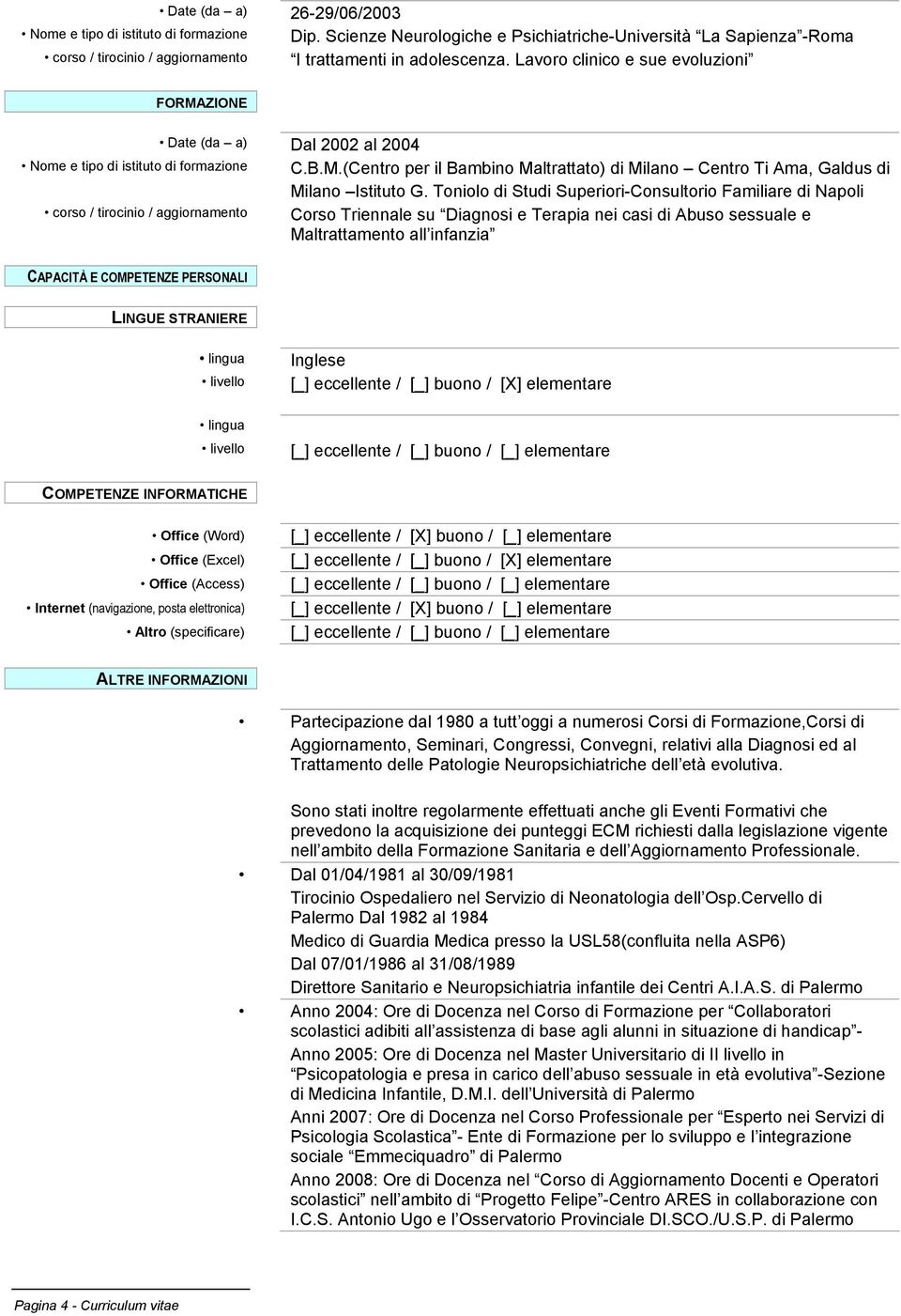 Toniolo di Studi Superiori-Consultorio Familiare di Napoli Corso Triennale su Diagnosi e Terapia nei casi di Abuso sessuale e Maltrattamento all infanzia CAPACITÀ E COMPETENZE PERSONALI LINGUE