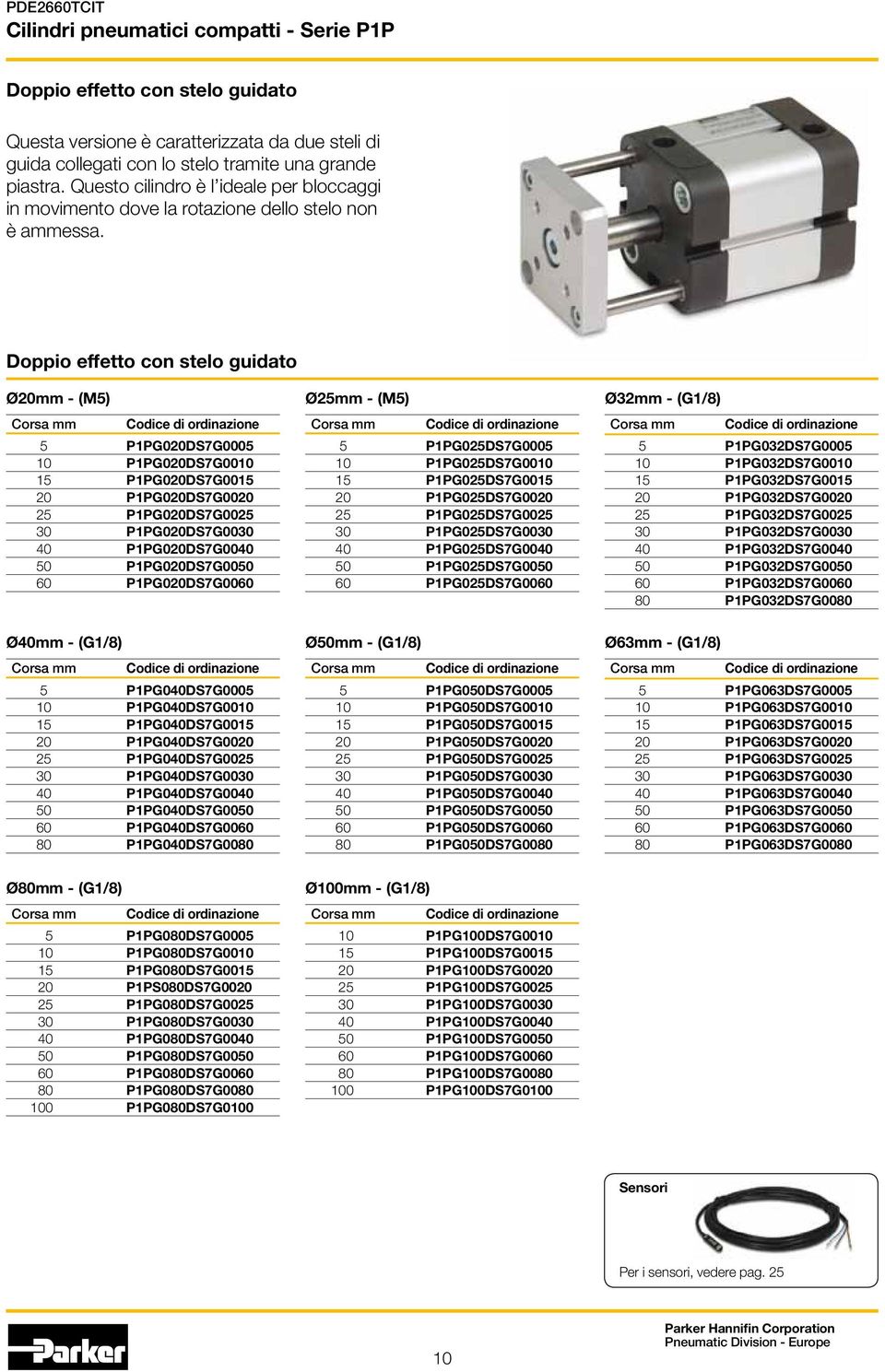 Doppio effetto con stelo guidato Ø20mm - (M5) 5 P1PG020DS7G0005 10 P1PG020DS7G0010 15 P1PG020DS7G0015 20 P1PG020DS7G0020 25 P1PG020DS7G0025 30 P1PG020DS7G0030 40 P1PG020DS7G0040 50 P1PG020DS7G0050 60