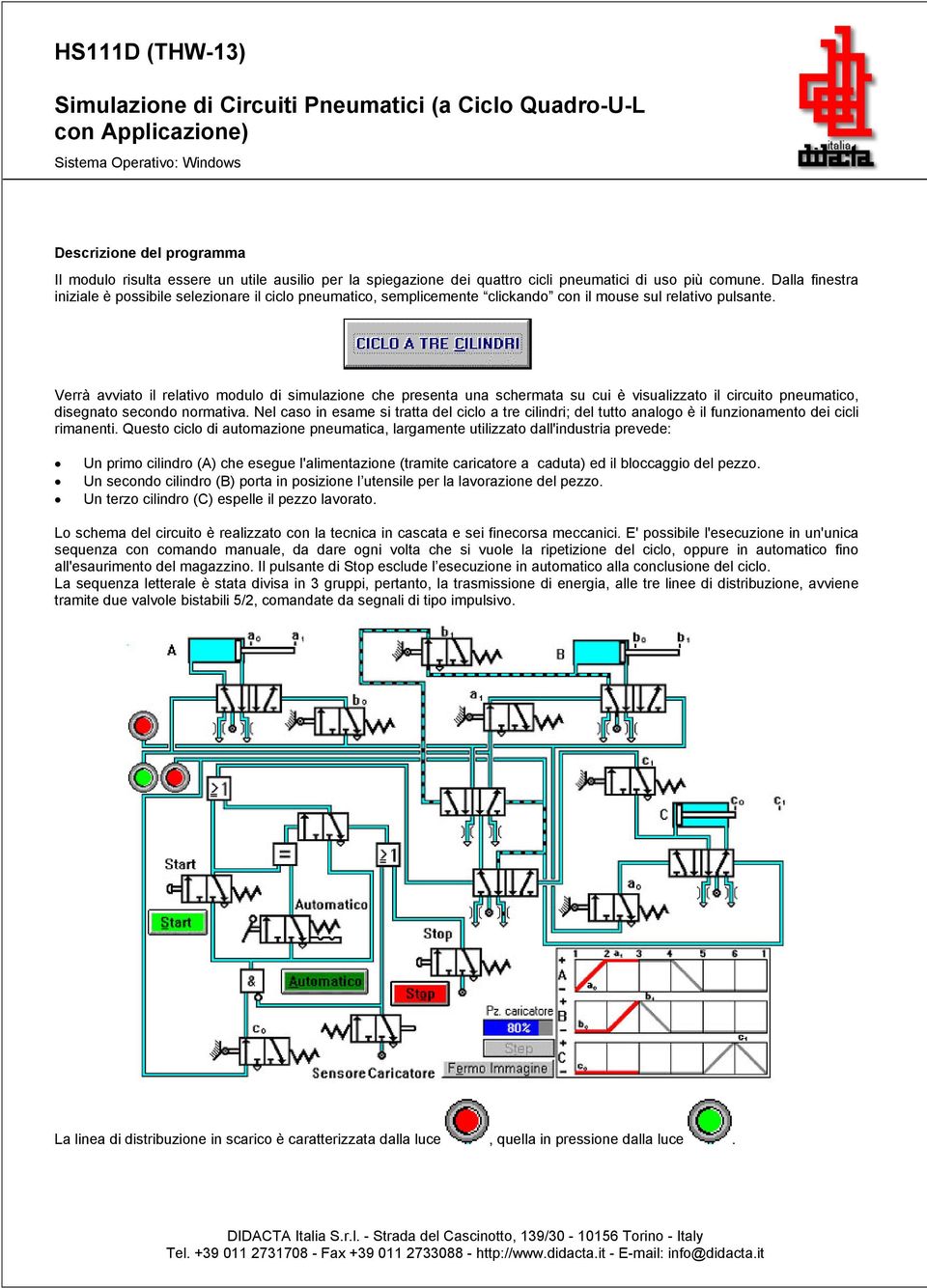 Verrà avviato il relativo modulo di simulazione che presenta una schermata su cui è visualizzato il circuito pneumatico, disegnato secondo normativa.