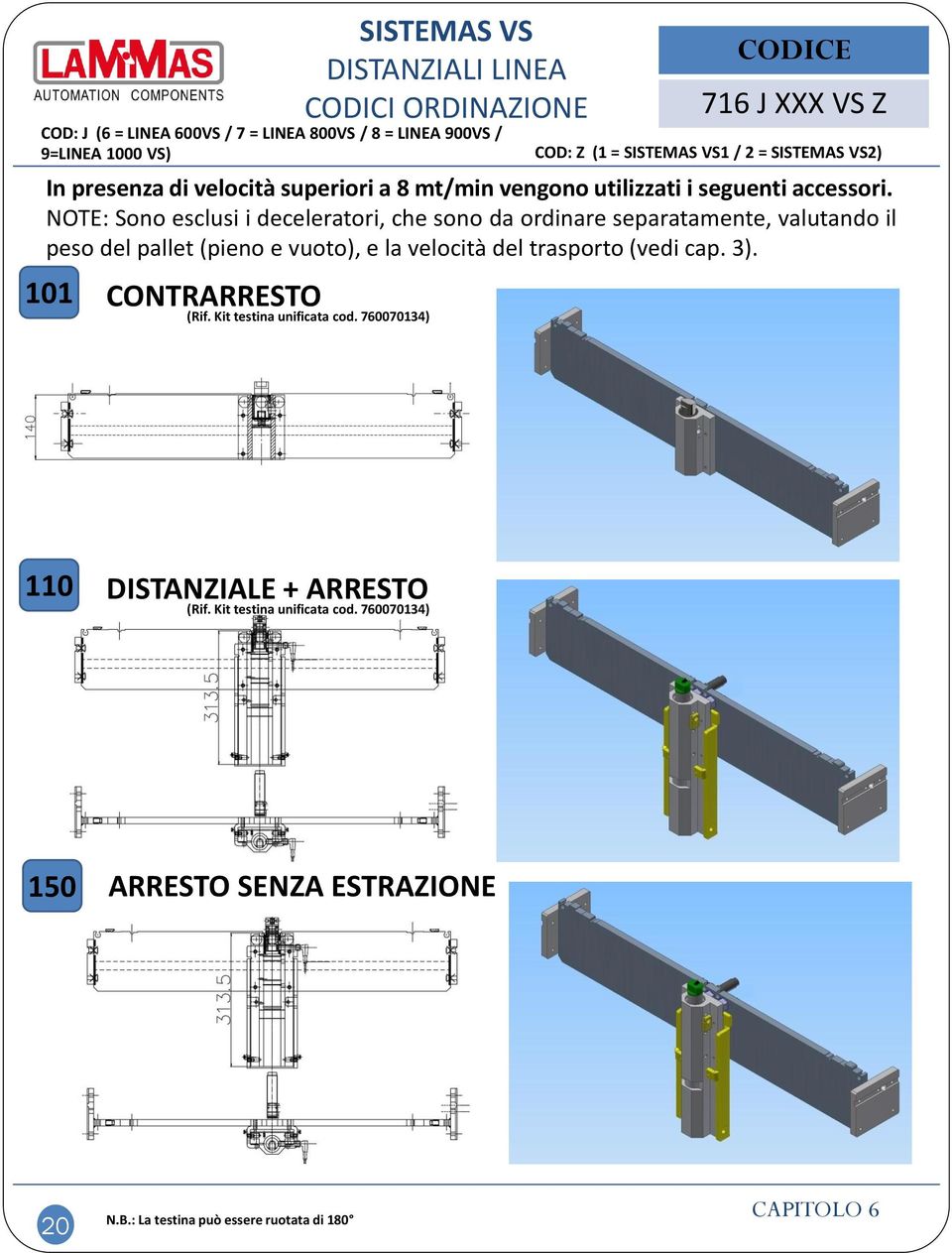 NOTE: Sono esclusi i deceleratori, che sono da ordinare separatamente, valutando il peso del pallet (pieno e vuoto), e la velocità del trasporto (vedi cap. 3).