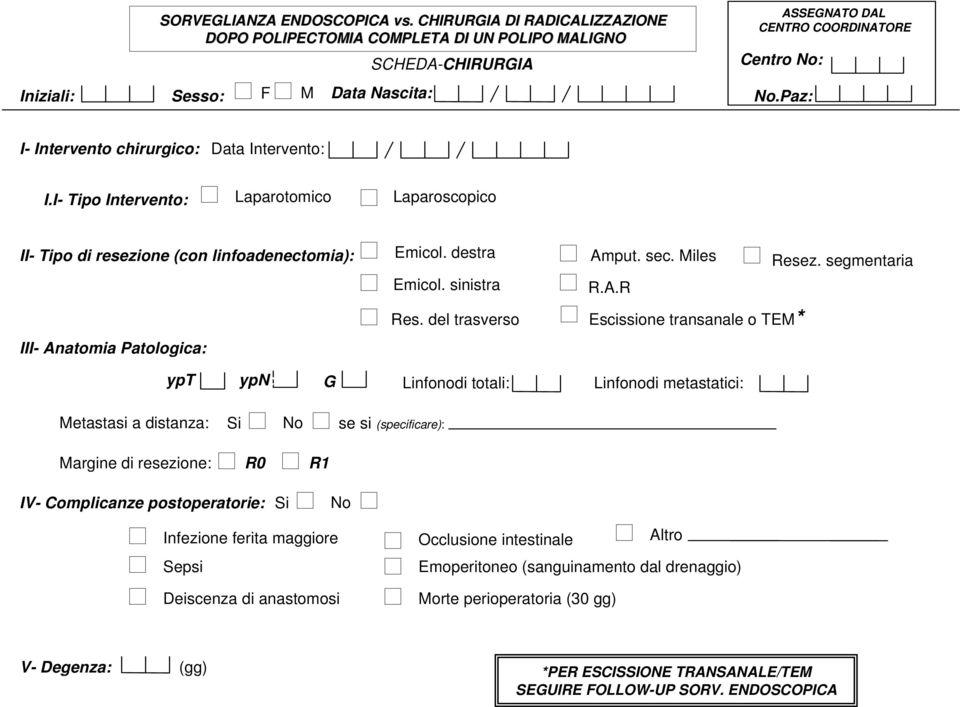 Paz: I- Intervento chirurgico: Data Intervento: I.I- Tipo Intervento: Laparotomico Laparoscopico II- Tipo di resezione (con linfoadenectomia): III- Anatomia Patologica: Emicol. destra Emicol.