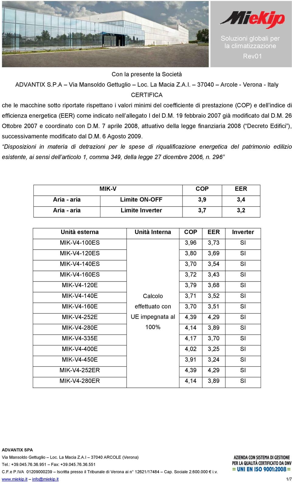 37040 Arcole - Verona - Italy CERTIFICA che le macchine sotto riportate rispettano i valori minimi del coefficiente di prestazione (COP) e dell indice di efficienza energetica (EER) come indicato