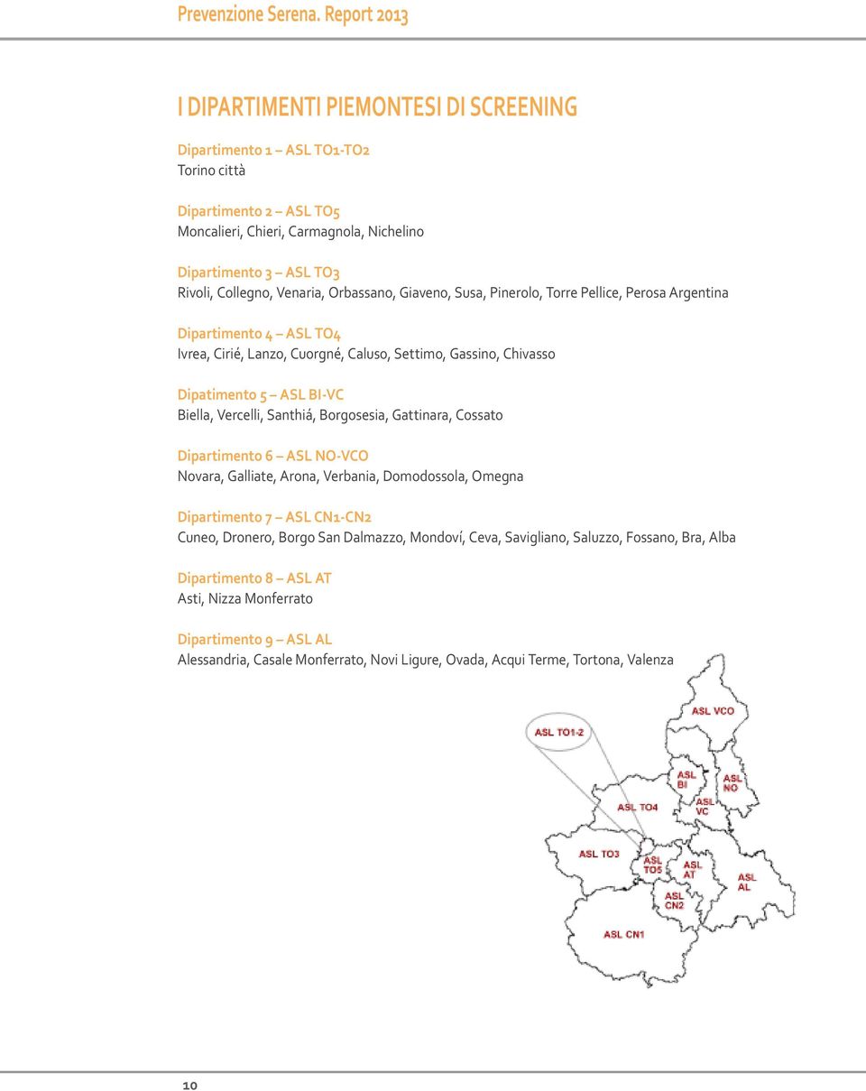 Venaria, Orbassano, Giaveno, Susa, Pinerolo, Torre Pellice, Perosa Argentina Dipartimento 4 ASL TO4 Ivrea, Cirié, Lanzo, Cuorgné, Caluso, Settimo, Gassino, Chivasso Dipatimento 5 ASL BI-VC Biella,