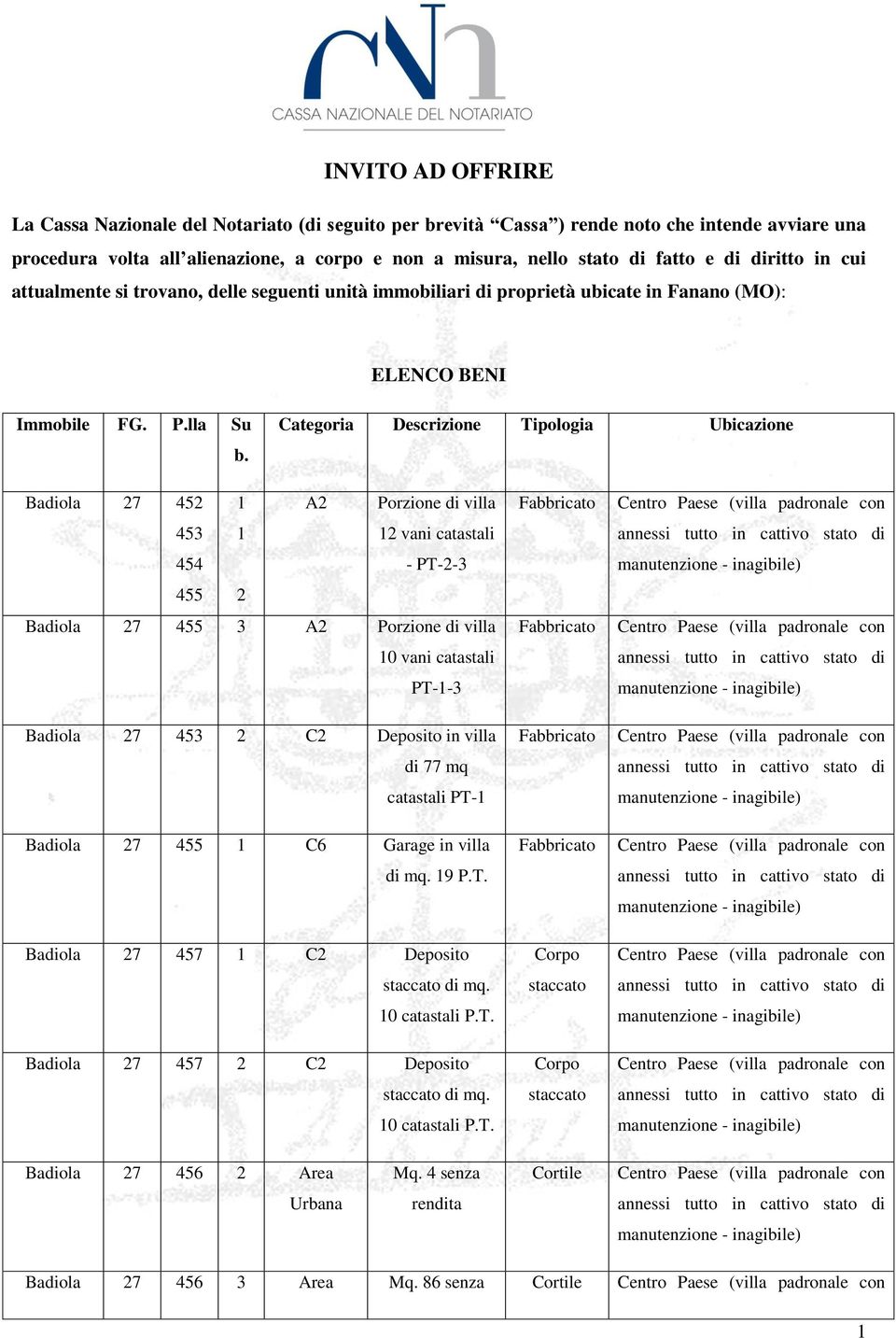 Categoria Descrizione Tipologia Ubicazione Badiola 27 452 453 454 455 1 1 2 A2 Porzione di villa 12 vani catastali - PT-2-3 Badiola 27 455 3 A2 Porzione di villa 10 vani catastali PT-1-3 Badiola 27