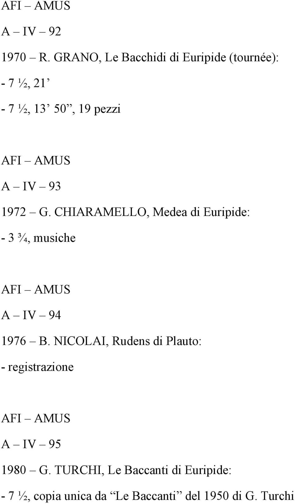 93 1972 G. CHIARAMELLO, Medea di Euripide: - 3 ¾, musiche A IV 94 1976 B.