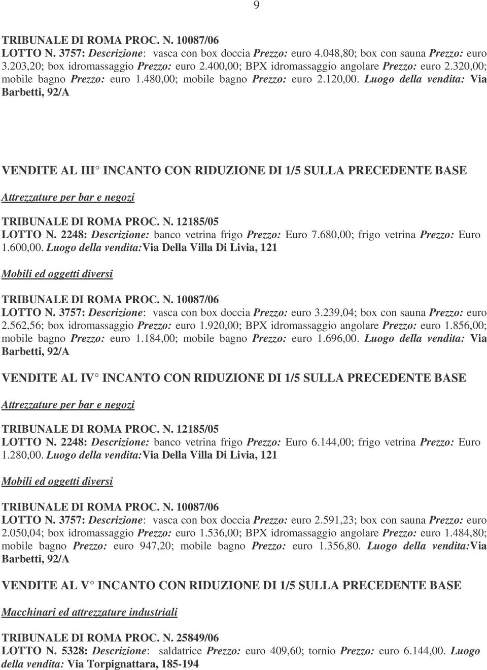 Luogo della vendita: Via Barbetti, 92/A VENDITE AL III INCANTO CON RIDUZIONE DI 1/5 SULLA PRECEDENTE BASE Attrezzature per bar e negozi TRIBUNALE DI ROMA PROC. N. 12185/05 LOTTO N.