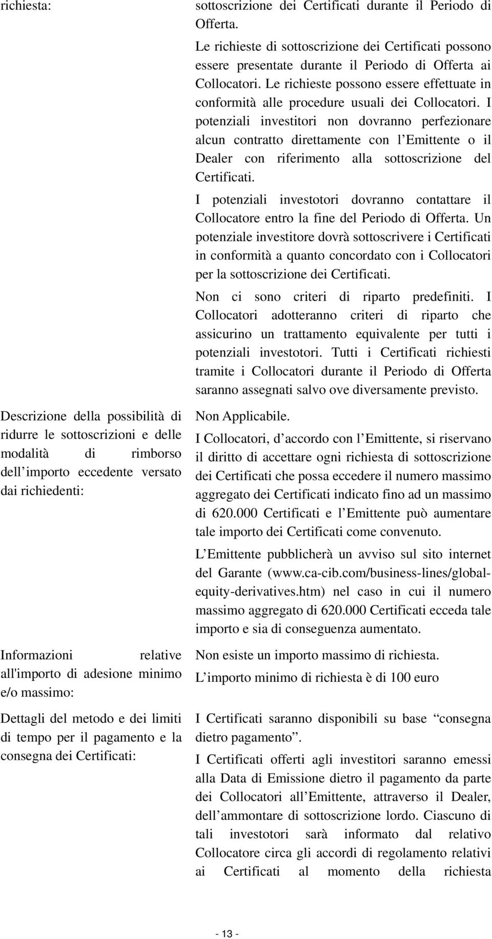 Le richieste di sottoscrizione dei Certificati possono essere presentate durante il Periodo di Offerta ai Collocatori.