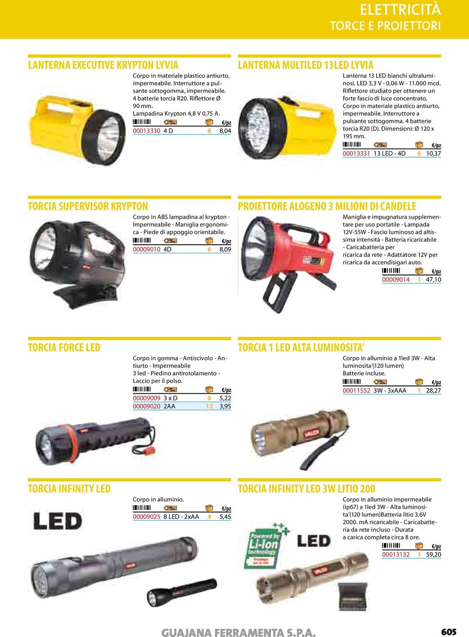 Riflettore studiato per ottenere un forte fascio di luce concentrato. Corpo in materiale plastico antiurto, impermeabile. Interruttore a pulsante sottogomma. 4 batterie torcia R20 (D).