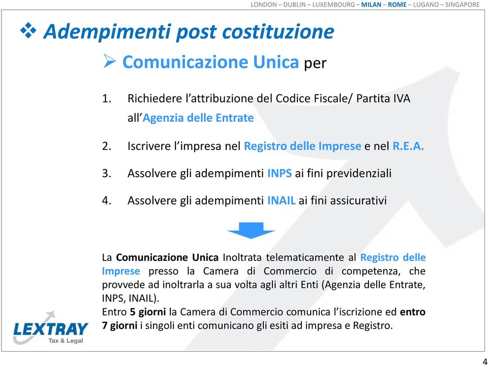 Assolvere gli adempimenti INAIL ai fini assicurativi La Comunicazione Unica Inoltrata telematicamente al Registro delle Imprese presso la Camera di Commercio di