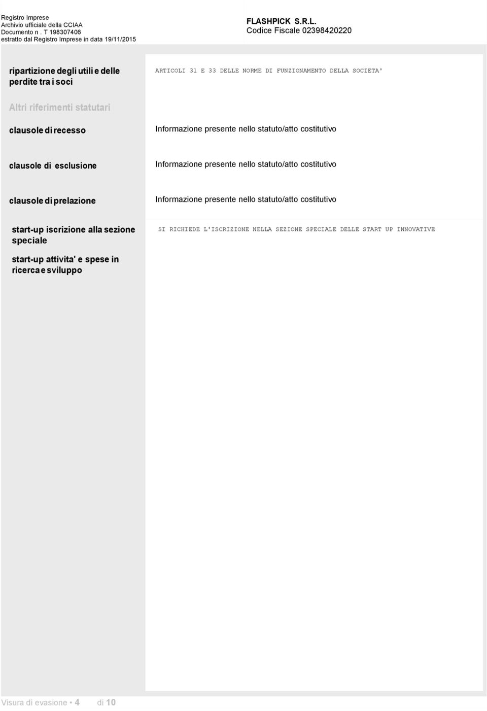 statuto/atto costitutivo clausole di prelazione Informazione presente nello statuto/atto costitutivo start-up iscrizione alla sezione