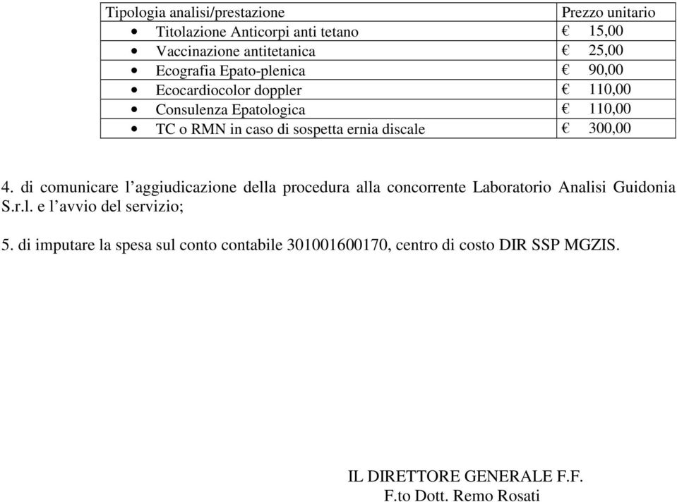 4. di comunicare l aggiudicazione della procedura alla concorrente Laboratorio Analisi Guidonia S.r.l. e l avvio del servizio; 5.