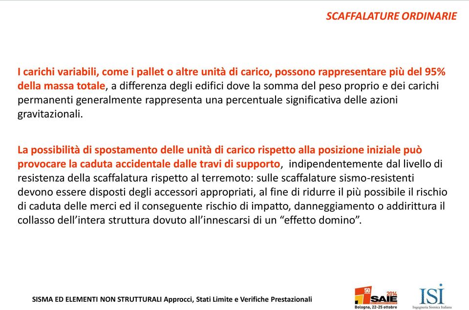 La possibilità di spostamento delle unità di carico rispetto alla posizione iniziale può provocare la caduta accidentale dalle travi di supporto, indipendentemente dal livello di resistenza della