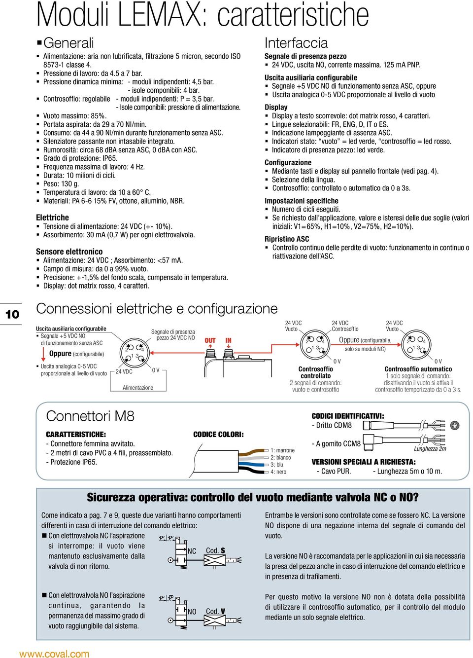 Vuoto massimo: 85%. Portata aspirata: da 29 a 70 Nl/min. Consumo: da 44 a 90 Nl/min durante funzionamento senza ASC. Silenziatore passante non intasabile integrato.