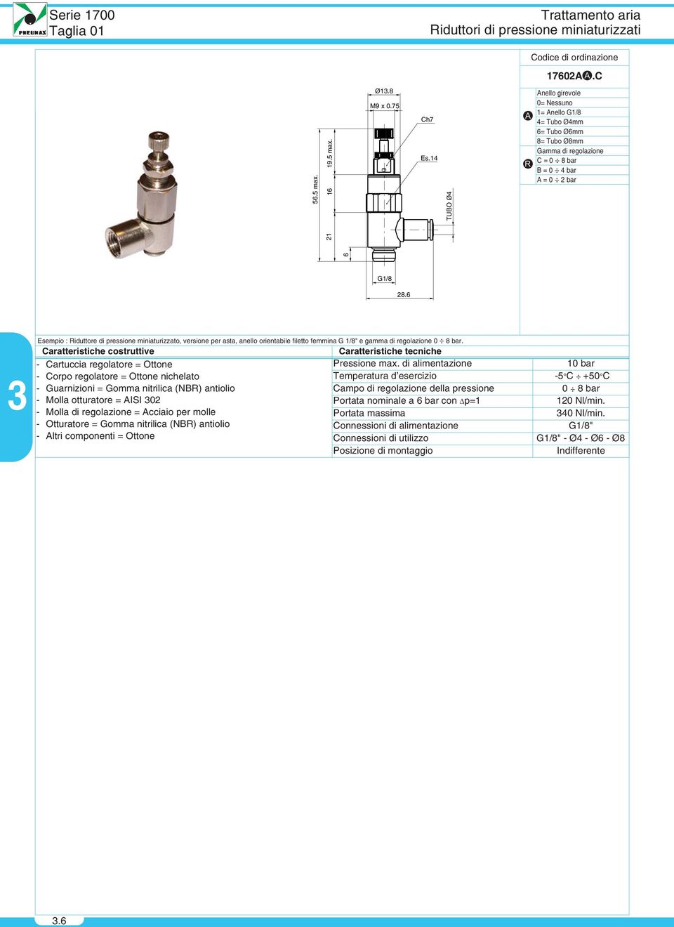 G1/8 28.6 Esempio : Riduttore di pressione miniaturizzato, versione per asta, anello orientabile filetto femmina G 1/8" e gamma di regolazione 0 8 bar.