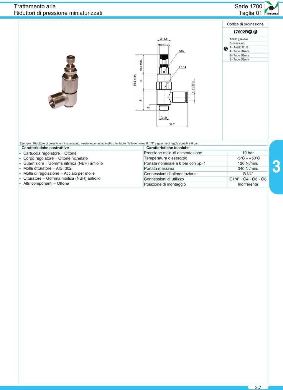 7 Esempio : Riduttore di pressione miniaturizzato, versione per asta, anello orientabile filetto femmina G 1/4" e gamma di