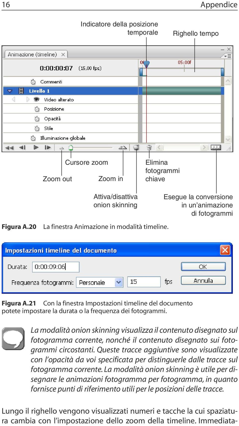 21 Con la finestra Impostazioni timeline del documento potete impostare la durata o la frequenza dei fotogrammi.