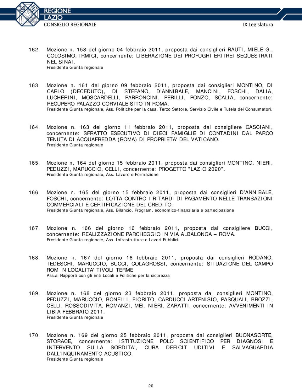 161 del giorno 09 febbraio 2011, proposta dai consiglieri MONTINO, DI CARLO (DECEDUTO), DI STEFANO, D'ANNIBALE, MANCINI, FOSCHI, DALIA, LUCHERINI, MOSCARDELLI, PARRONCINI, PERILLI, PONZO, SCALIA,