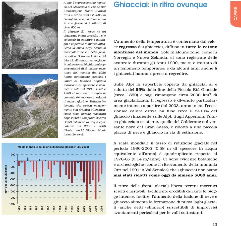 Il bilancio di massa di un ghiacciaio è una procedura che consente di valutare i guadagni o le perdite di massa attraverso la stima degli accumuli invernali di neve e della fusione estiva.