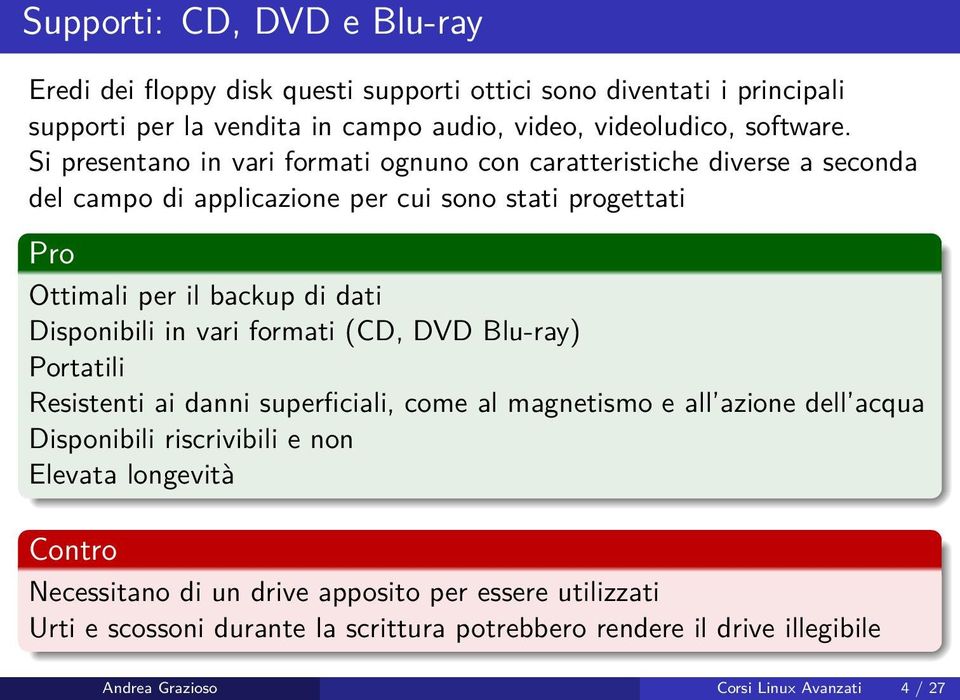 Disponibili in vari formati (CD, DVD Blu-ray) Portatili Resistenti ai danni superficiali, come al magnetismo e all azione dell acqua Disponibili riscrivibili e non Elevata