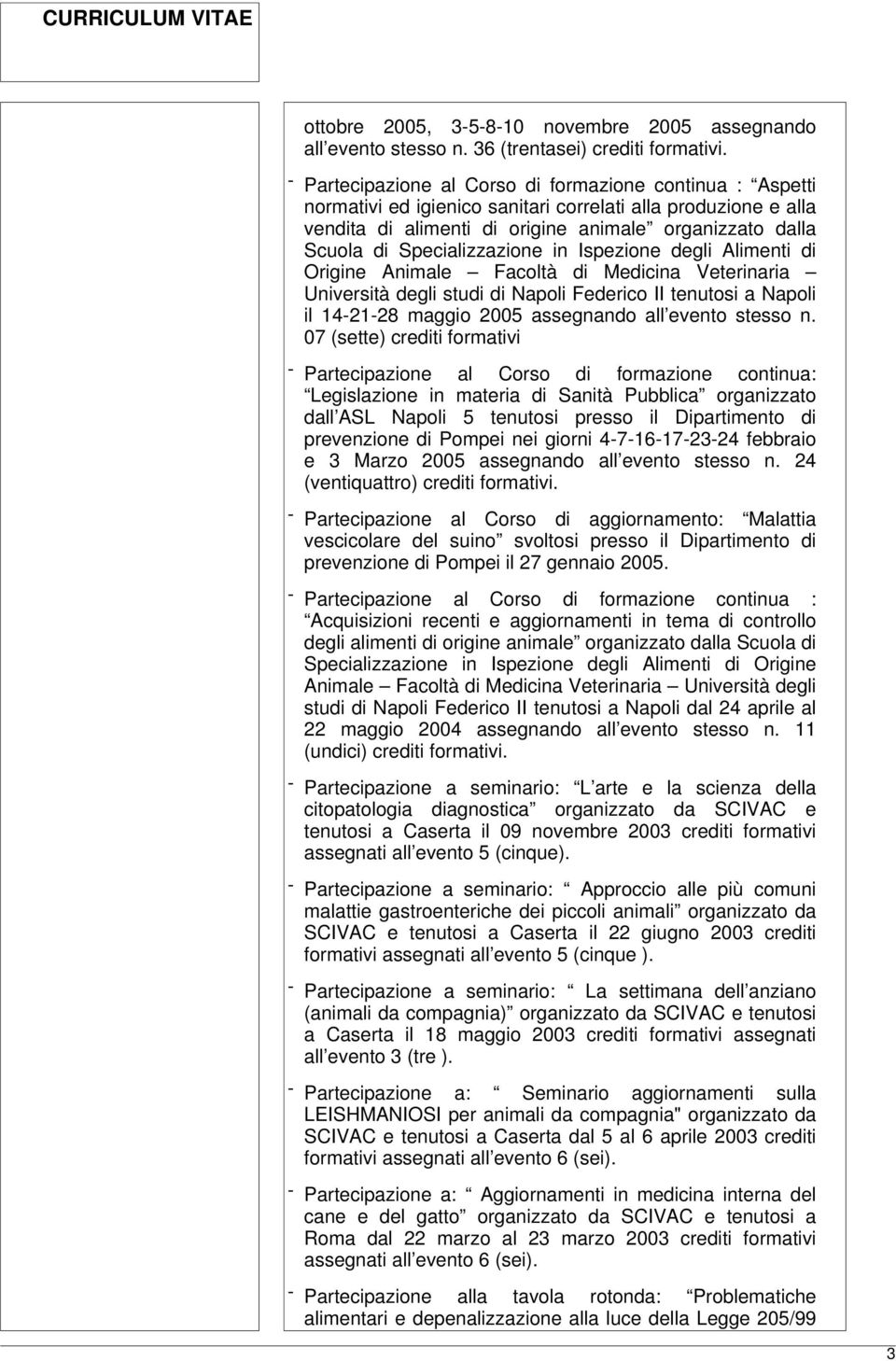 Specializzazione in Ispezione degli Alimenti di Origine Animale Facoltà di Medicina Veterinaria Università degli studi di Napoli Federico II tenutosi a Napoli il 14-21-28 maggio 2005 assegnando all