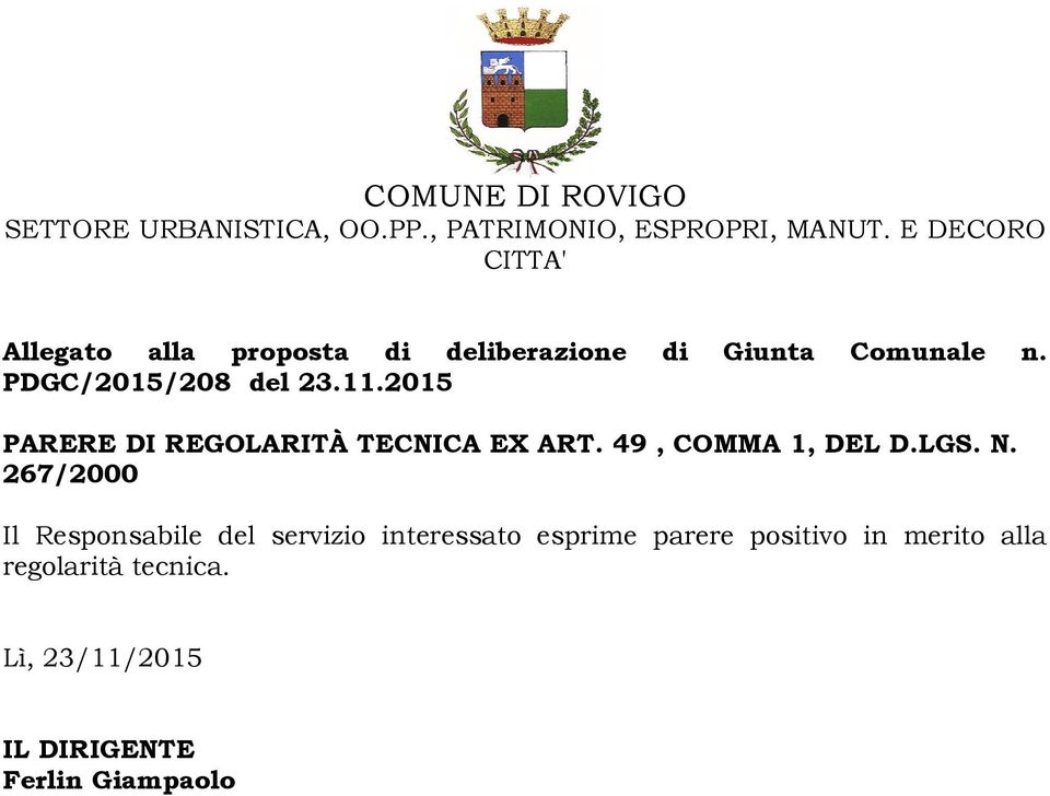 11.2015 PARERE DI REGOLARITÀ TECNICA EX ART. 49, COMMA 1, DEL D.LGS. N.