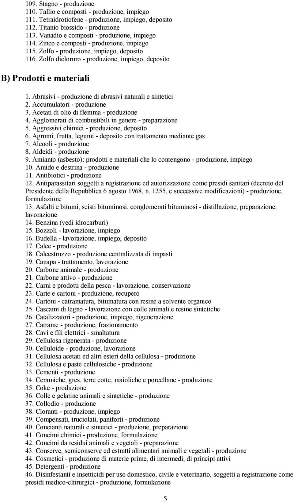 Zolfo dicloruro - produzione, impiego, deposito B) Prodotti e materiali 1. Abrasivi - produzione di abrasivi naturali e sintetici 2. Accumulatori - produzione 3.