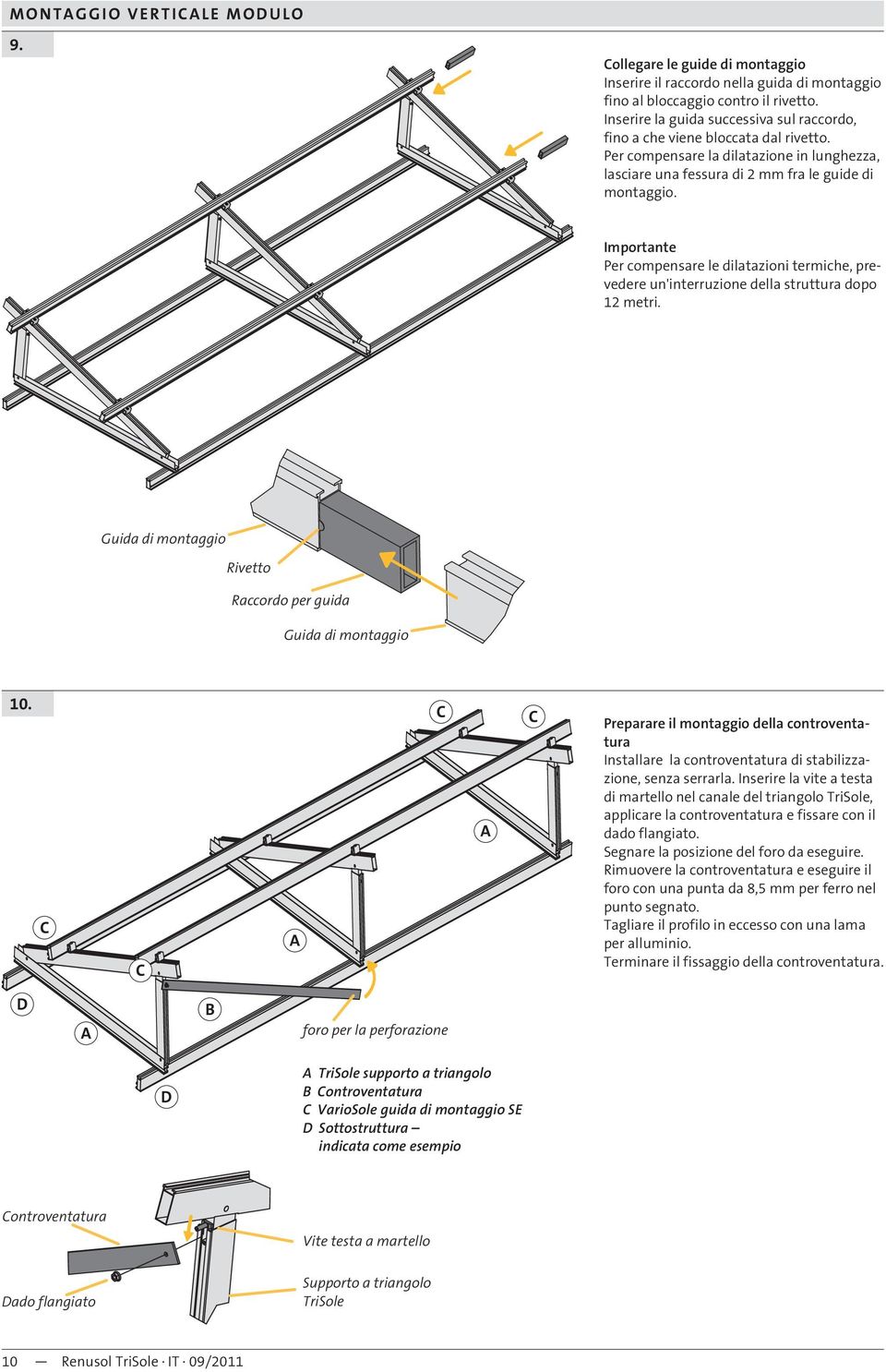 Importante Per compensare le dilatazioni termiche, prevedere un'interruzione della struttura dopo 12 metri. Guida di montaggio Rivetto Raccordo per guida Guida di montaggio 10.