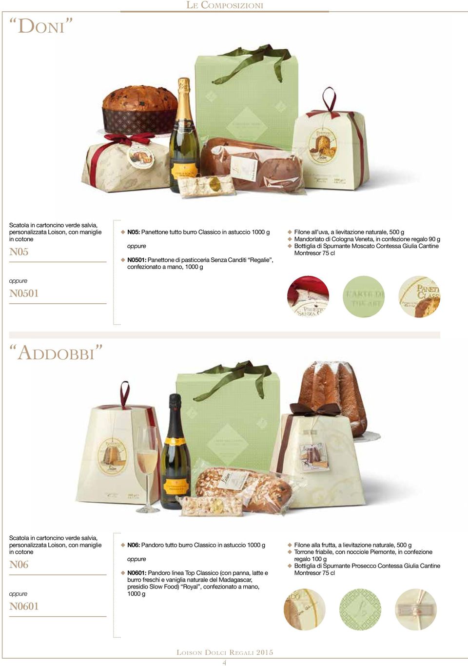 Cantine Montresor 75 cl Addobbi Scatola in cartoncino verde salvia, personalizzata Loison, con maniglie in cotone N06 N0601 u N06: Pandoro tutto burro Classico in astuccio 1000 g u N0601: Pandoro