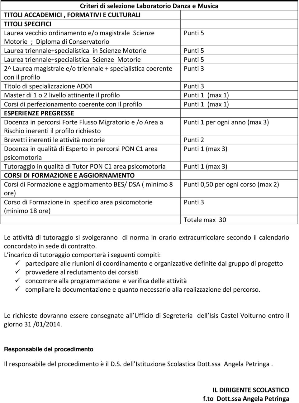 livello attinente il profilo Punti 1 (max 1) Docenza in percorsi Forte Flusso Migratorio e /o Area a Rischio inerenti il profilo richiesto Punti 1 per ogni anno (max 3) Brevetti inerenti le attività