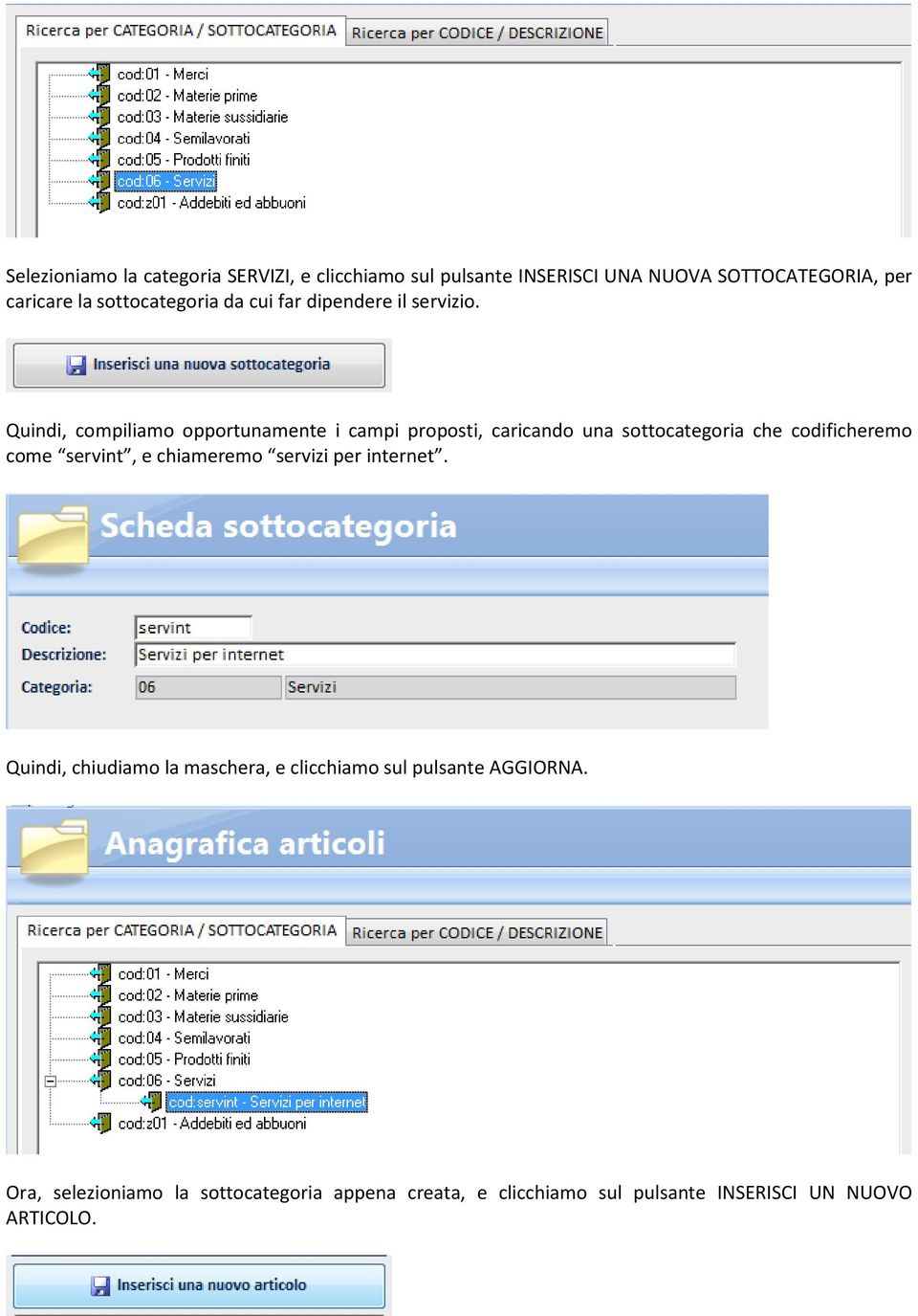 Quindi, compiliamo opportunamente i campi proposti, caricando una sottocategoria che codificheremo come servint, e