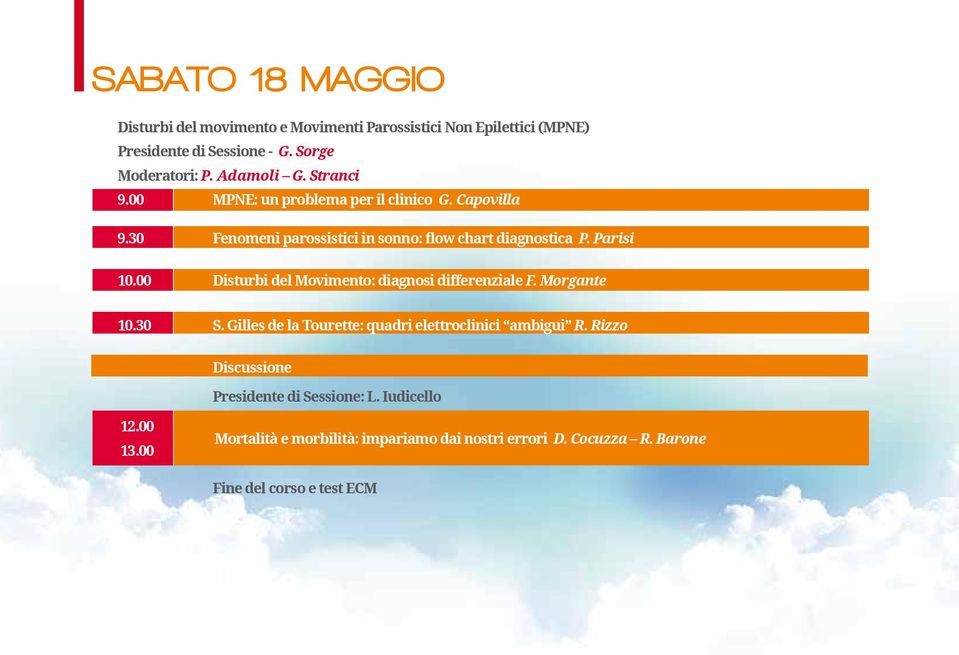 00 Disturbi del Movimento: diagnosi differenziale F. Morgante 10.30 S. Gilles de la Tourette: quadri elettroclinici ambigui R.