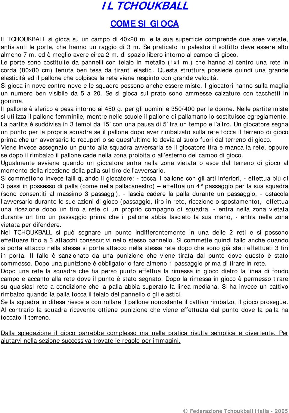 Le porte sono costituite da pannelli con telaio in metallo (1x1 m.) che hanno al centro una rete in corda (80x80 cm) tenuta ben tesa da tiranti elastici.