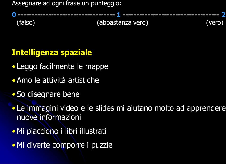 Leggo facilmente le mappe Amo le attività artistiche So disegnare bene Le immagini video e le