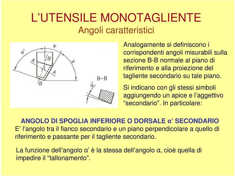 In particolare: ANGOLO DI SPOGLIA INFERIORE O DORSALE α SECONDARIO E l angolo tra il fianco secondario e un piano perpendicolare a quello di