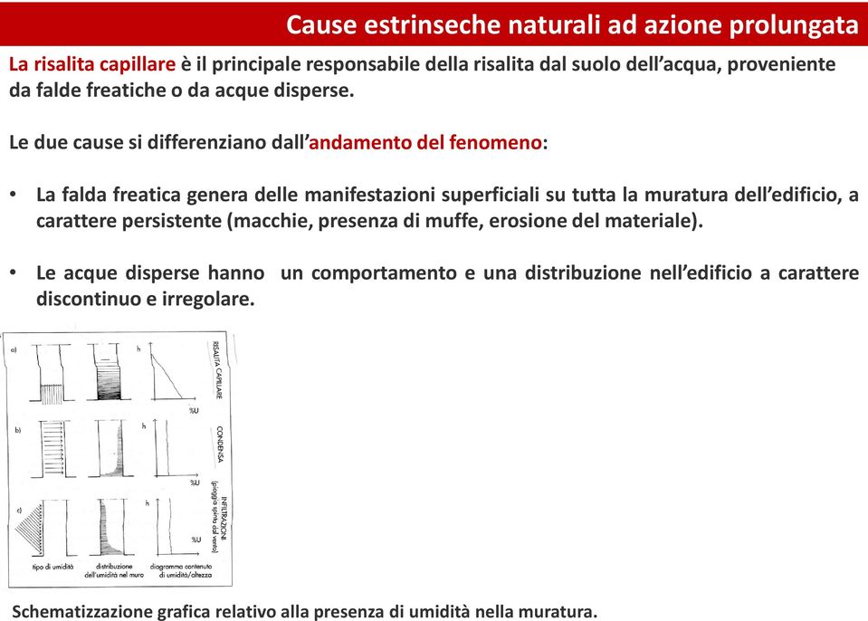 Le due cause si differenziano dall andamento del fenomeno: La falda freatica genera delle manifestazioni superficiali su tutta la muratura dell