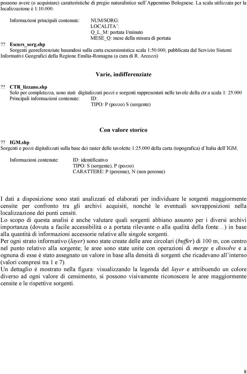 shp Sorgenti georeferenziate basandosi sulla carta escursionistica scala 1:50.000, pubblicata dal Servizio Sistemi Informativi Geografici della Regione Emilia-Romagna (a cura di R.