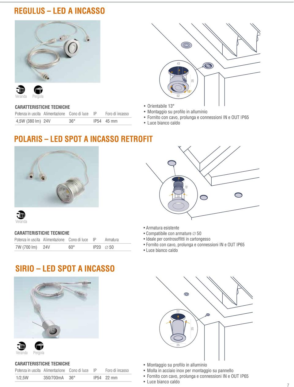 IP20 50 Armatura esistente Compatibile con armature 50 Ideale per controsoffitti in cartongesso Fornito con cavo, prolunga e connessioni IN e OUT IP65 Luce bianco caldo sirio led spot a incasso 22 35