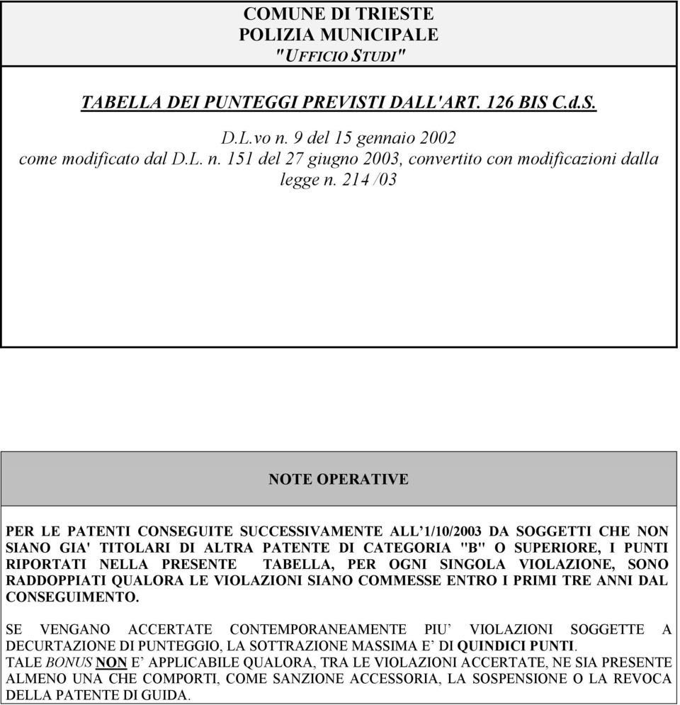 TABELLA, PER OGNI SINGOLA VIOLAZIONE, SONO RADDOPPIATI QUALORA LE VIOLAZIONI SIANO COMMESSE ENTRO I PRIMI TRE ANNI DAL CONSEGUIMENTO.