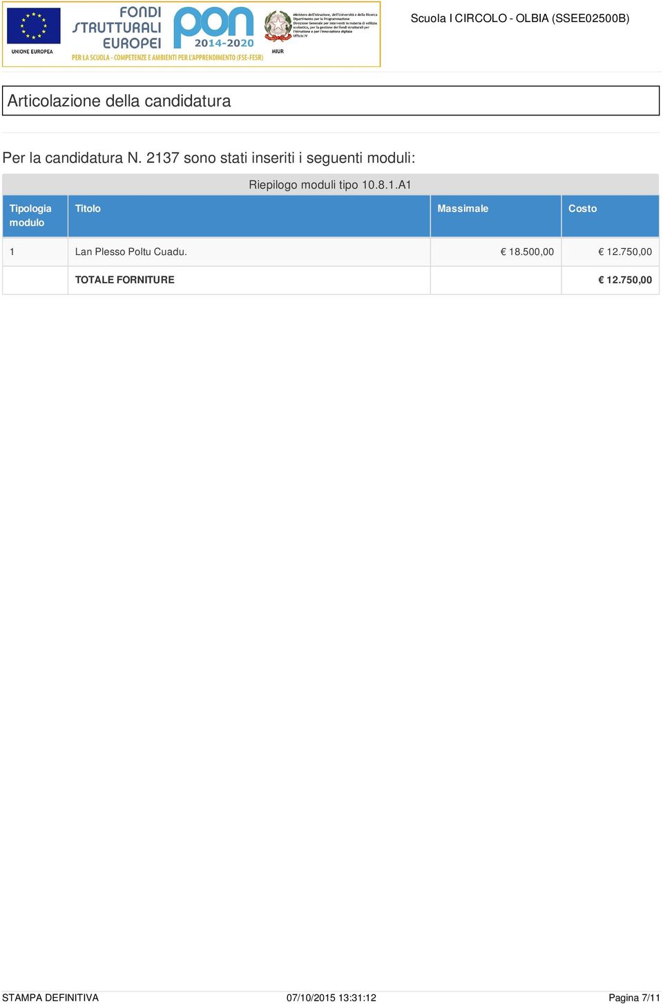 18.500,00 12.750,00 TOTALE FORNITURE 12.