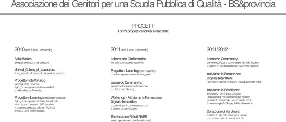 Conferenze, Focus e Workshop per Genitori, Studenti e Docenti (in collaborazione con il Comitato Genitori); United_Colors_of_Leonardo: Progetto e-learning (gara di appalto): tinteggiatura locali