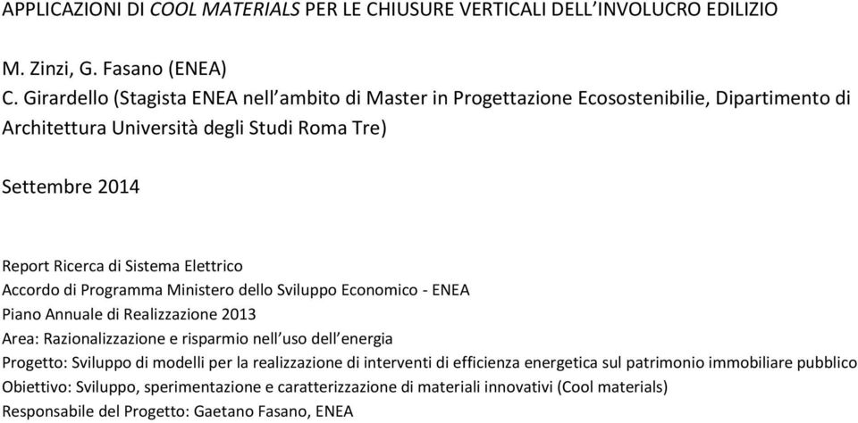 Sistema Elettrico Accordo di Programma Ministero dello Sviluppo Economico - ENEA Piano Annuale di Realizzazione 2013 Area: Razionalizzazione e risparmio nell uso dell energia